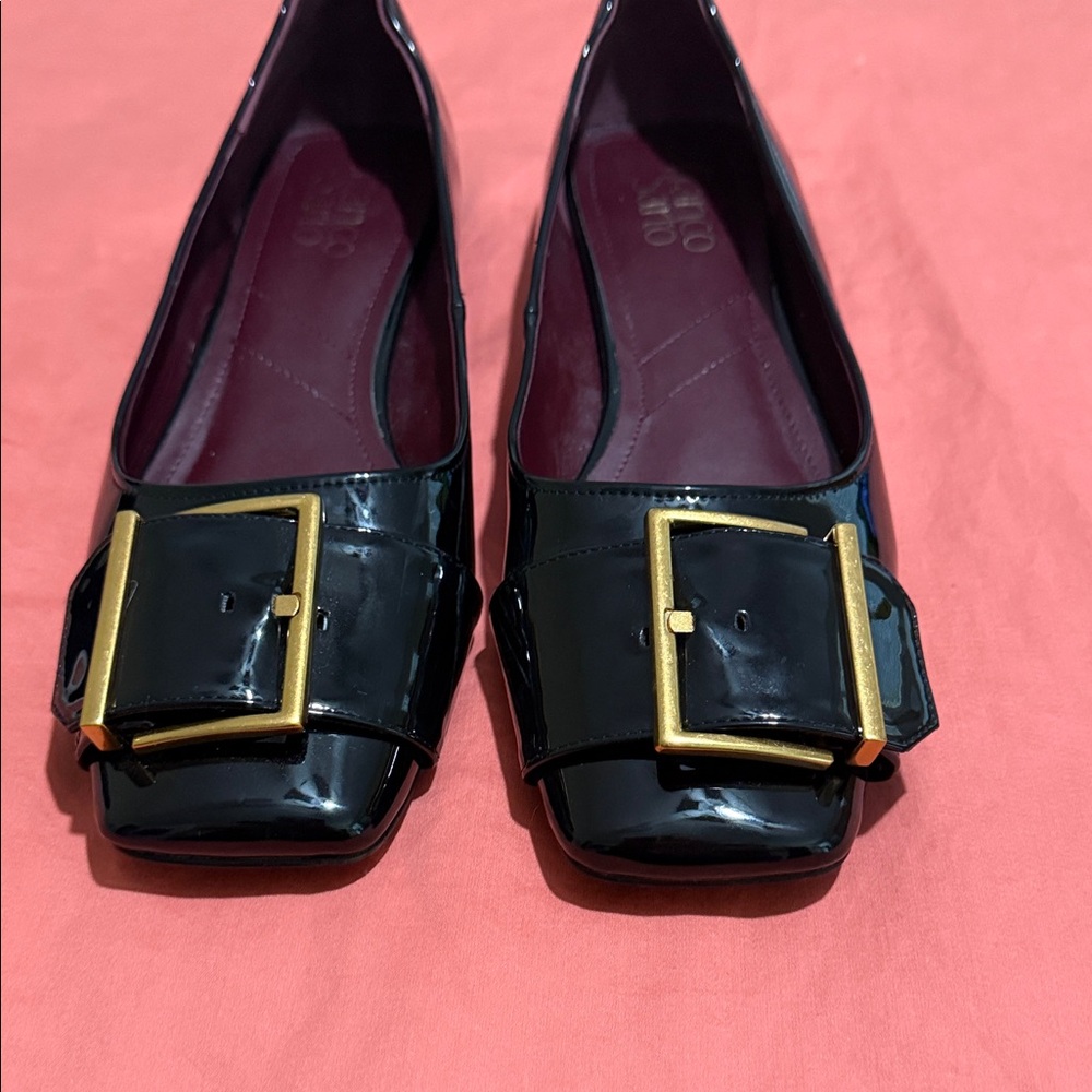Franco Sarto Black Patent Flats with Gold Buckle